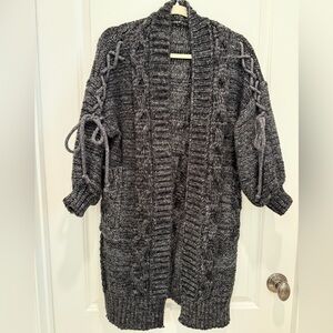 Cozy Gray Knit Open Cardigan Sweater With Arm Detail